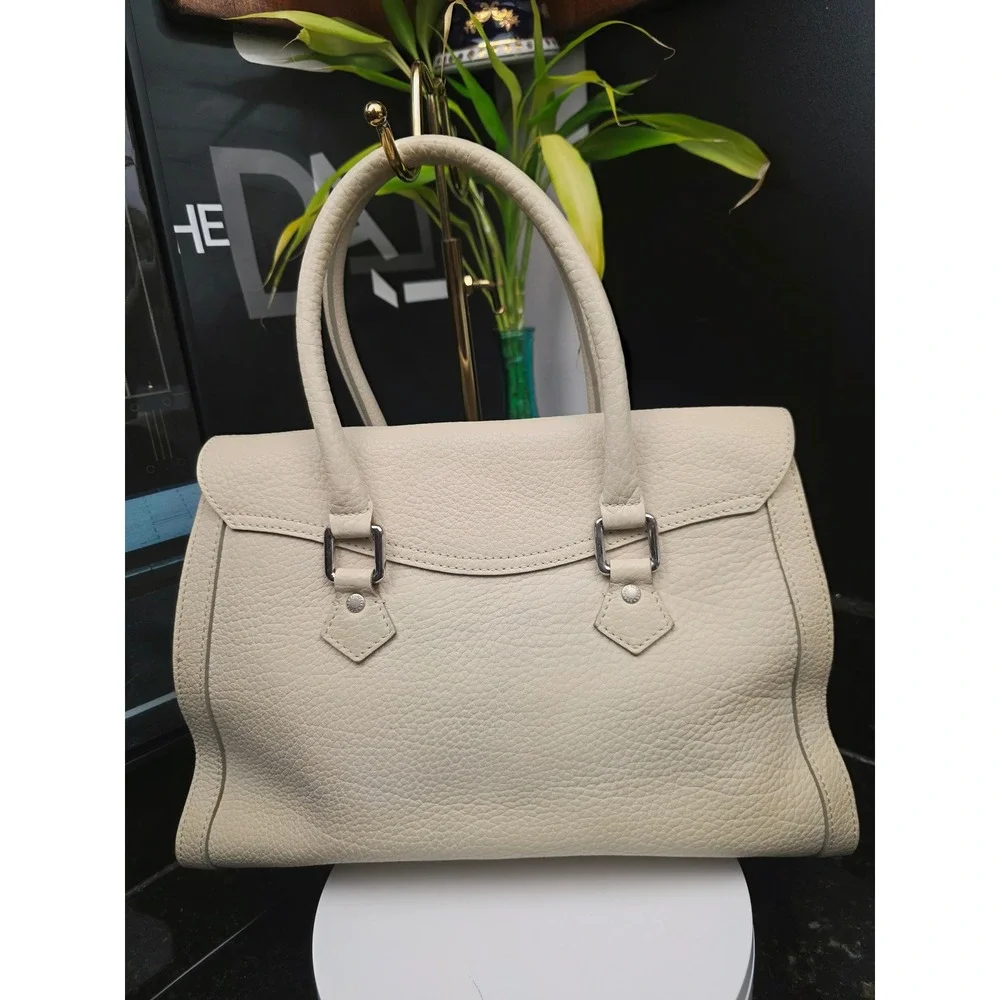 Dooney & Bourke Large Flap Satchel Cream Pebbled Leather Silver Lock Top Handle